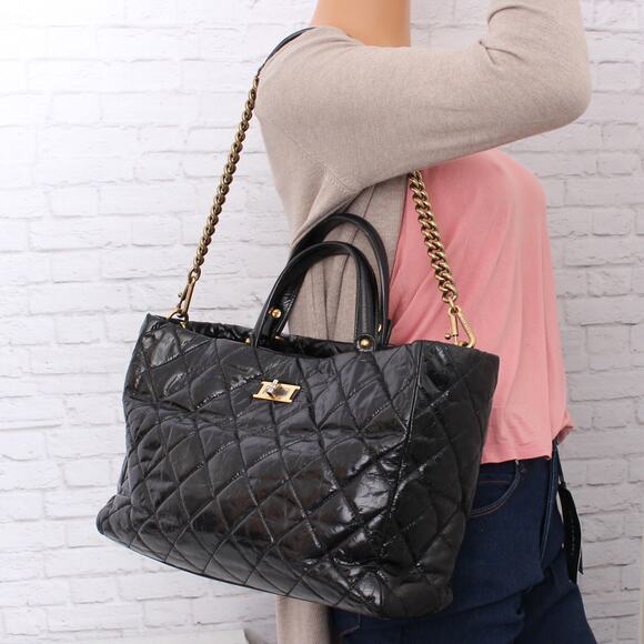 Chanel 2 Way Tote Black Glazed Calfskin Leather Shoulder Handbag Purse A4825 - Picture 3 of 11